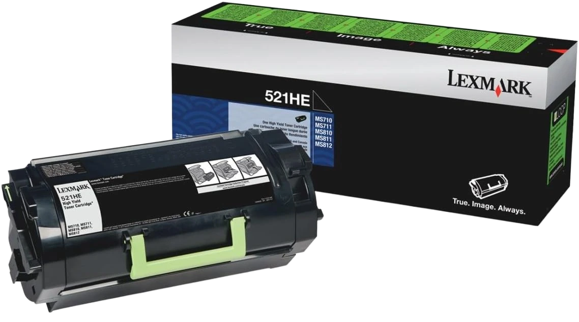 Lexmark toner cartridge 521HE in front of its retail packaging box, shown on a clean white background.