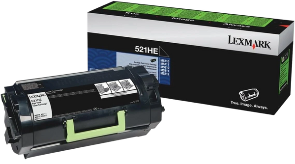 Lexmark toner cartridge 521HE in front of its retail packaging box, shown on a clean white background.