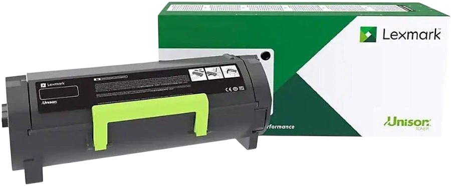 Genuine Lexmark 24B6887 black Unison toner cartridge shown alongside its official green and white retail box packaging on a transparent background.