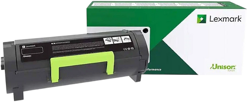 Genuine Lexmark 24B6887 black Unison toner cartridge shown alongside its official green and white retail box packaging on a transparent background.