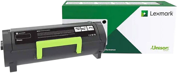 Genuine Lexmark 24B6887 black Unison toner cartridge shown alongside its official green and white retail box packaging on a transparent background.
