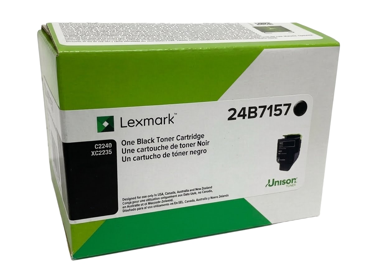 Genuine Lexmark 24B7157 black toner cartridge box for C2240 and XC2235 Unison laser printers. The white product packaging features green accents, multilingual text, and product part details on a transparent background.