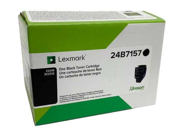 Genuine Lexmark 24B7157 black toner cartridge box for C2240 and XC2235 Unison laser printers. The white product packaging features green accents, multilingual text, and product part details on a transparent background.