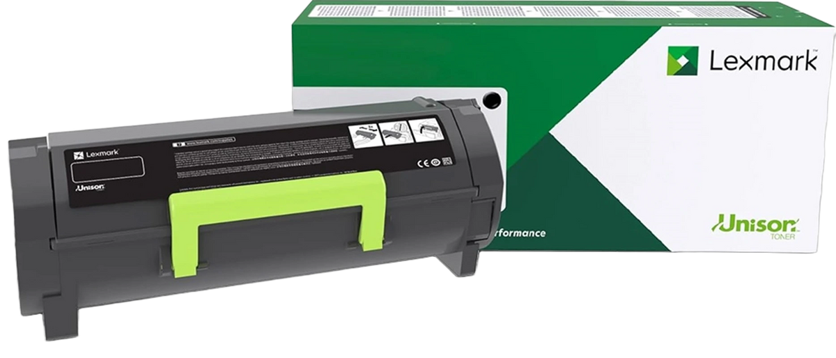 A Lexmark 24B7541 monochrome laser toner cartridge resting in front of its retail packaging against a transparent background. The black Unison toner cartridge features a bright lime-green carrying handle. The rectangular product box behind it displays Lexmark’s signature green and white branding, along with the text "Unison TONER."