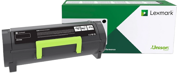 A Lexmark 24B7541 monochrome laser toner cartridge resting in front of its retail packaging against a transparent background. The black Unison toner cartridge features a bright lime-green carrying handle. The rectangular product box behind it displays Lexmark’s signature green and white branding, along with the text "Unison TONER."