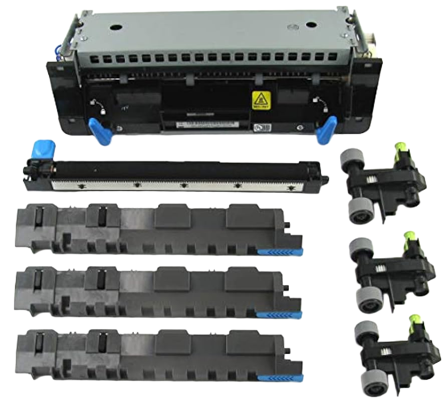 A Lexmark 41X2233 fuser maintenance kit displayed against a transparent background. The kit includes a large metallic and black fuser unit at the top, one long slender transfer roller, three horizontal tray separator pads with blue accents, and three media pick roller assemblies with grey wheels and green clips on the right side