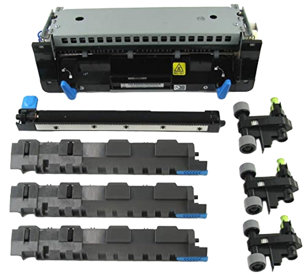 A Lexmark 41X2233 fuser maintenance kit displayed against a transparent background. The kit includes a large metallic and black fuser unit at the top, one long slender transfer roller, three horizontal tray separator pads with blue accents, and three media pick roller assemblies with grey wheels and green clips on the right side