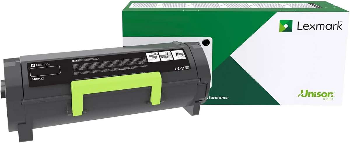 A Lexmark toner cartridge with a bright green handle, shown in front of its green and white Lexmark Unison toner box on a white background.