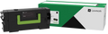A Lexmark toner cartridge in black with a bright green handle, shown next to its green and white retail box on a plain white background.