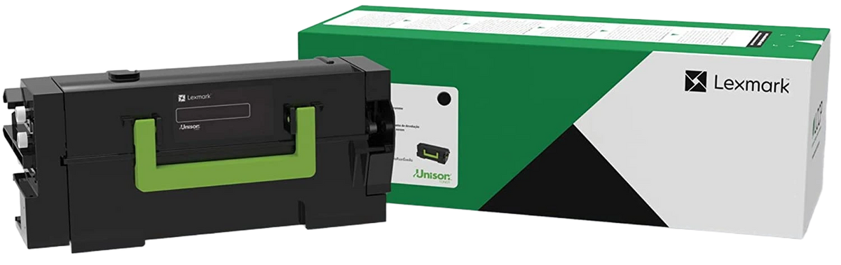 A Lexmark toner cartridge in black with a bright green handle, shown next to its green and white retail box on a plain white background.