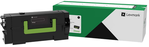 A Lexmark toner cartridge in black with a bright green handle, shown next to its green and white retail box on a plain white background.