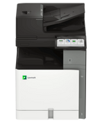 Front view of a Lexmark XC9635 A3 colour multifunctional printer standing vertically on a white background, featuring a light grey modular base tower, a dark grey wide-format A3 flatbed scanner topper, and a large 10.1-inch adjustable color touchscreen interface.