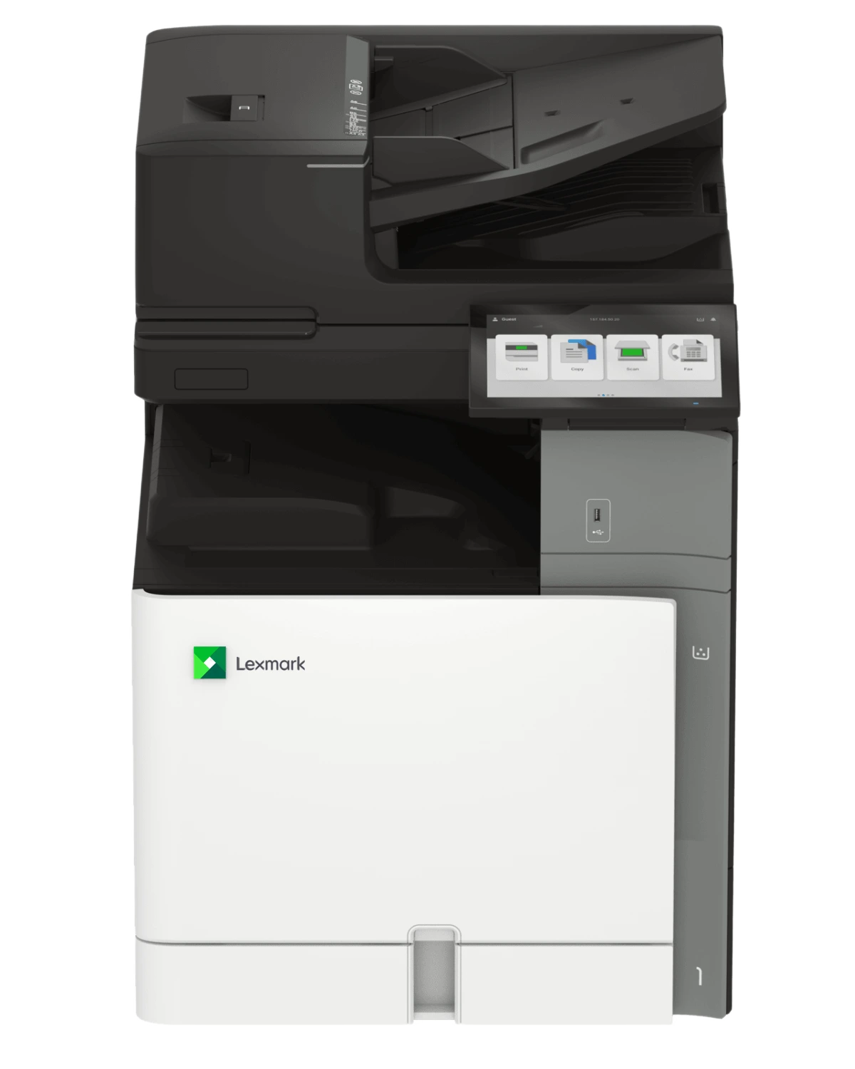 Front view of a Lexmark XC9635 A3 colour multifunctional printer standing vertically on a white background, featuring a light grey modular base tower, a dark grey wide-format A3 flatbed scanner topper, and a large 10.1-inch adjustable color touchscreen interface.