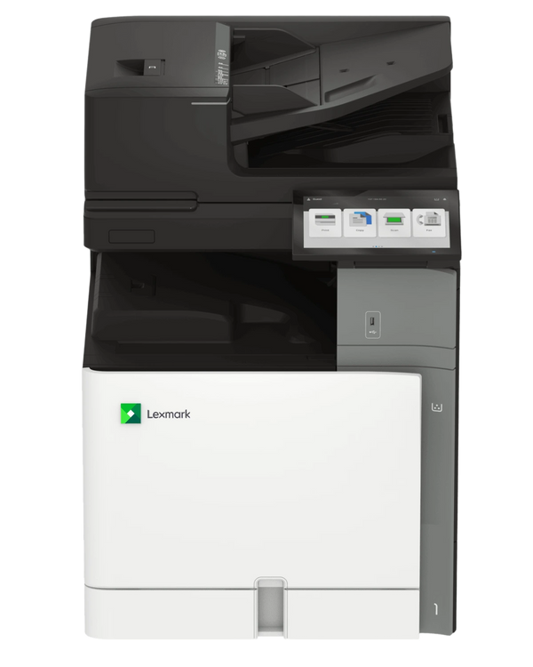 Front view of a Lexmark XC9635 A3 colour multifunctional printer standing vertically on a white background, featuring a light grey modular base tower, a dark grey wide-format A3 flatbed scanner topper, and a large 10.1-inch adjustable color touchscreen interface.