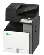 Left-angled perspective view of the Lexmark XC9635 large-format office copier, highlighting its freestanding enterprise design, sleek light grey side chassis panels, and high-capacity top document feeder tray.
