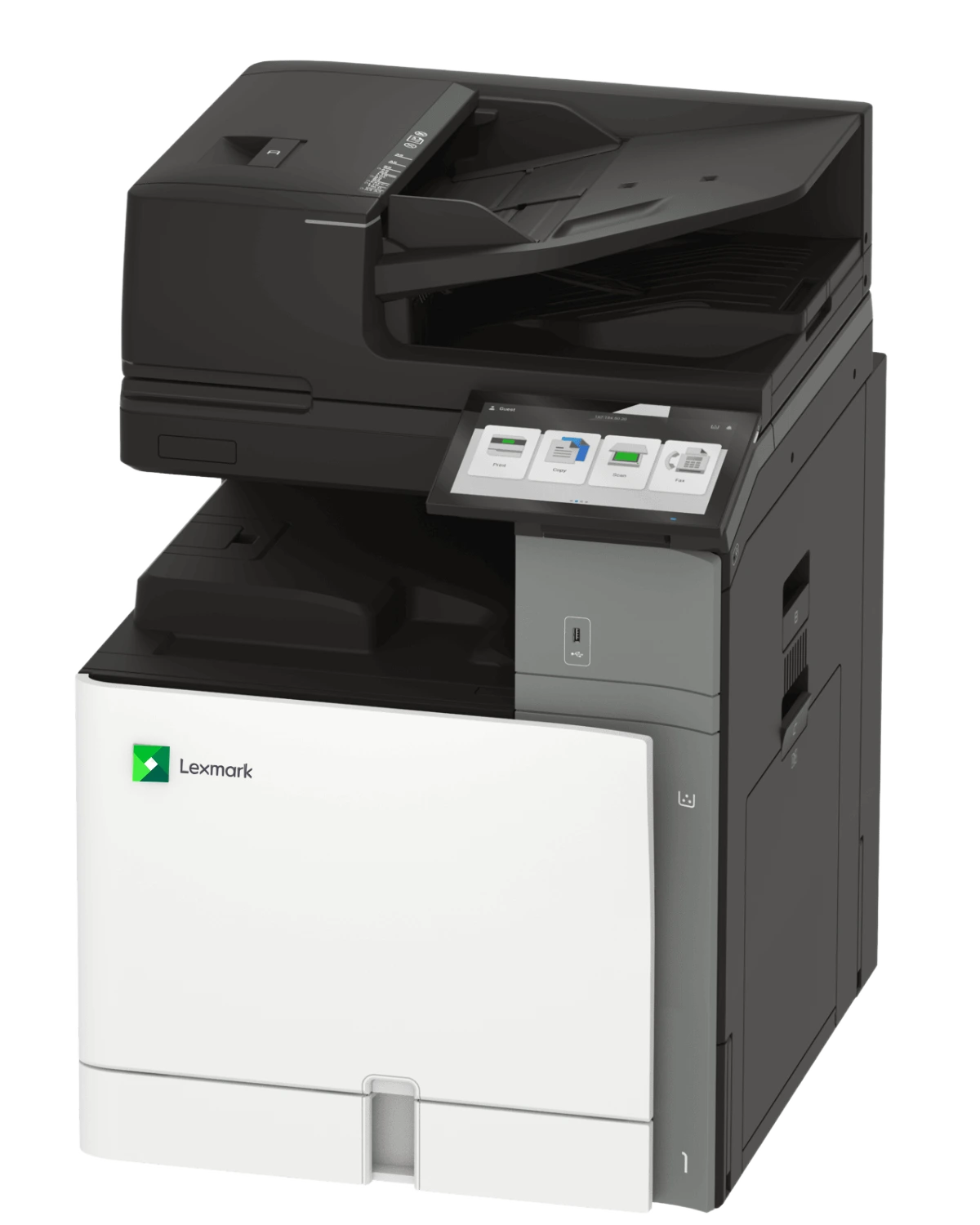 Left-angled perspective view of the Lexmark XC9635 large-format office copier, highlighting its freestanding enterprise design, sleek light grey side chassis panels, and high-capacity top document feeder tray.
