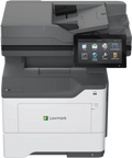Front view of a Lexmark M3350 A4 monochrome laser printer on a white background, featuring a white base tower with paper trays, a dark grey upper flatbed scanner unit, and a prominent 4.3-inch tiltable color touchscreen panel.