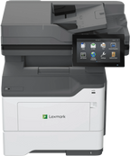 Front view of a Lexmark M3350 A4 monochrome laser printer on a white background, featuring a white base tower with paper trays, a dark grey upper flatbed scanner unit, and a prominent 4.3-inch tiltable color touchscreen panel.