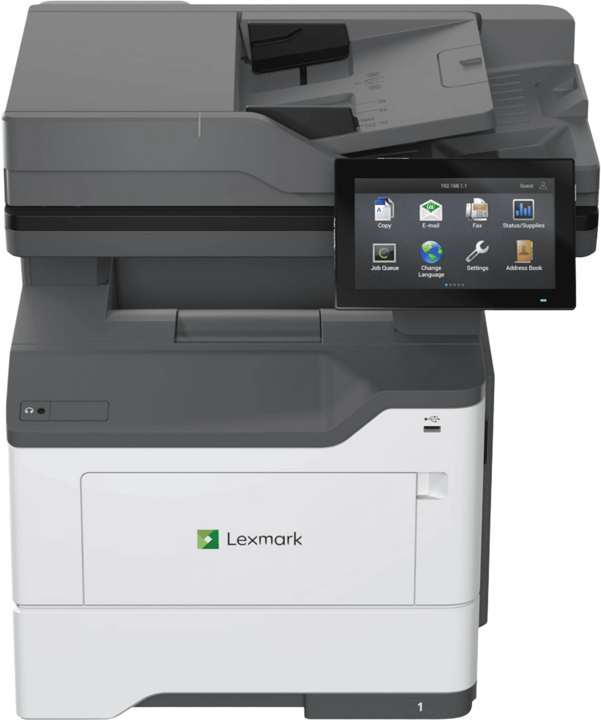 Front view of a Lexmark M3350 A4 monochrome laser printer on a white background, featuring a white base tower with paper trays, a dark grey upper flatbed scanner unit, and a prominent 4.3-inch tiltable color touchscreen panel.
