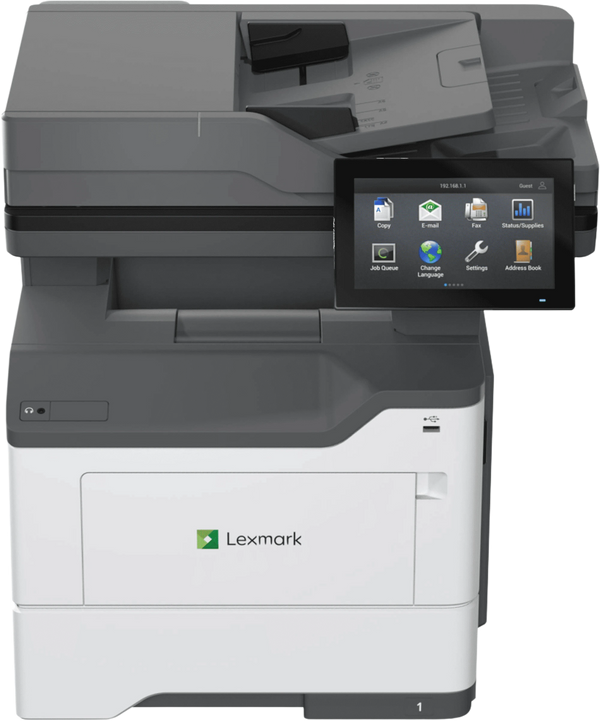 Front view of a Lexmark M3350 A4 monochrome laser printer on a white background, featuring a white base tower with paper trays, a dark grey upper flatbed scanner unit, and a prominent 4.3-inch tiltable color touchscreen panel.