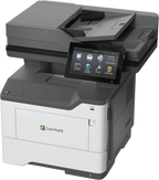 Left-angled perspective view of the Lexmark M3350 monochrome multi-function printer, showcasing its vertical office design, white side paneling, and top-mounted automatic document feeder (ADF).