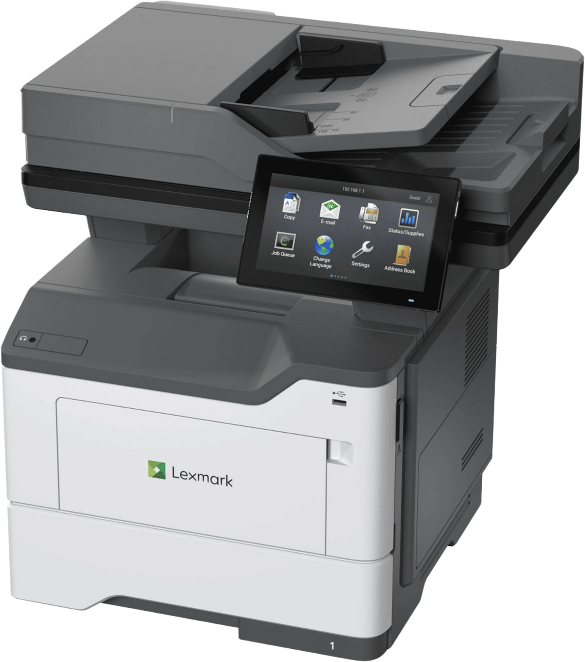 Left-angled perspective view of the Lexmark M3350 monochrome multi-function printer, showcasing its vertical office design, white side paneling, and top-mounted automatic document feeder (ADF).