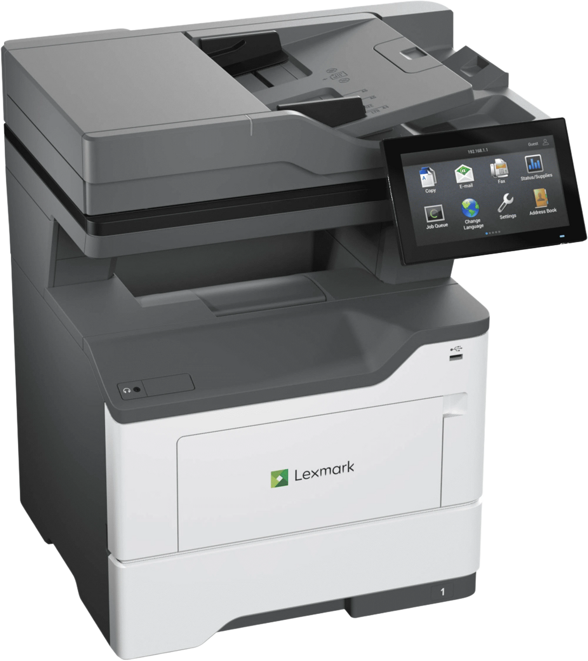 Right-angled perspective view of the Lexmark M3350 desktop printer unit, highlighting its side layout, structural design, and extended flatbed scanner assembly against a plain white background.